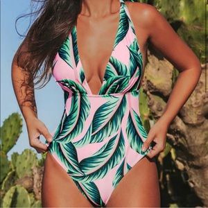 Cupshe Palm Print One Piece Swimsuit Pink Green Sleeveless Deep V-Neck Size Med